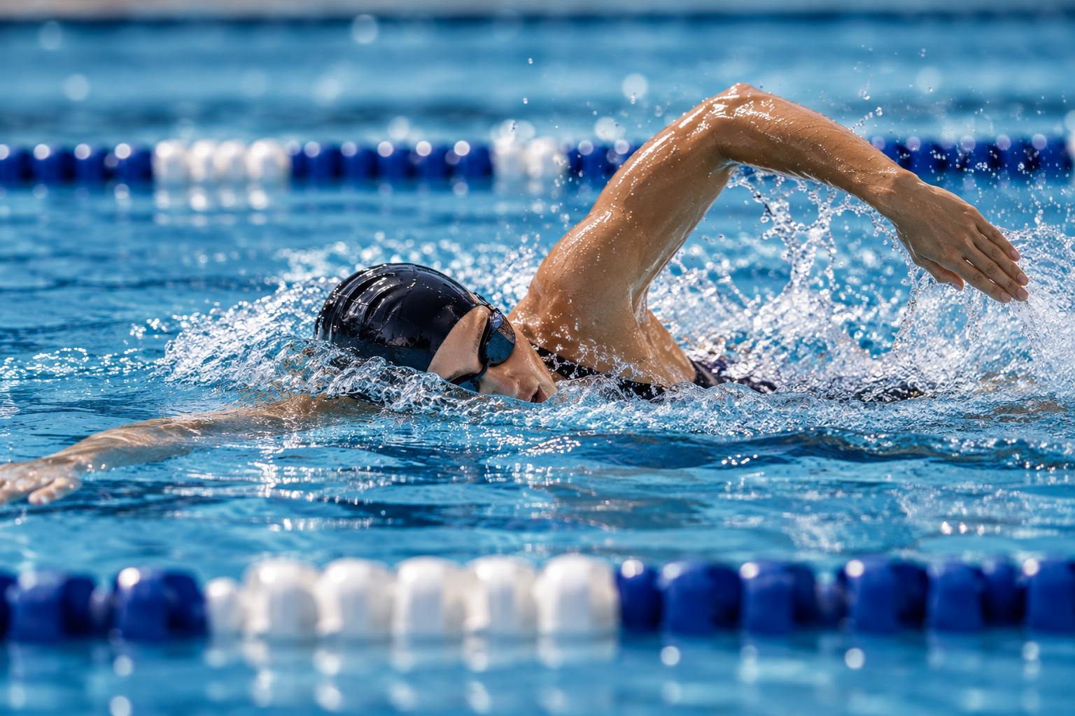 A swimmer mid-freestyle stroke, arm recovering over the water between lane ropes